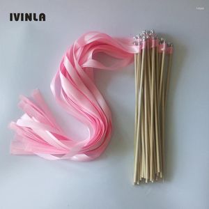 Decoração de festa 50 pçs/lote varinhas de fita de casamento rosa girando serpentinas vara com sino de prata