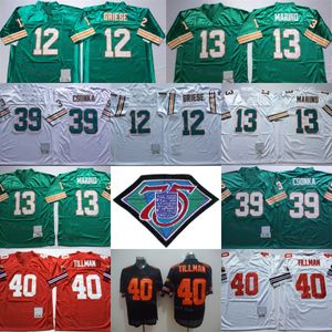 레트로 foobtall 40 Pat Tillman Jersey 1994 Vintage 12 Bob Griese 13 Dan Marino 39 Larry Csonka 75 번째 기념일 검은 색 빨간색 녹색 남자 빈티지 모든 스티치 팀