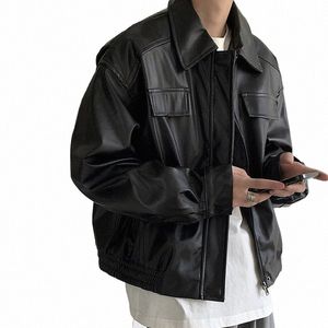 men's Casual Texture PU Leather Jacket High Street Zippers Turn-down Collar Lg Sleeve Retro Coat with Pocket Autumn 2024 New R2LX#