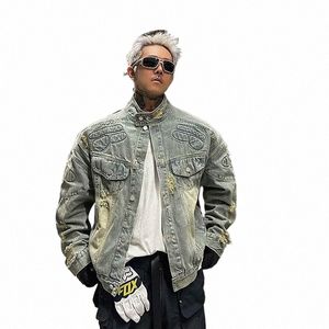 high Street Motorcycle Denim Jackets Man Loose Wed Industry Cowboy Coats Hip Hop Hole Male Harajuku Casual Bomber Outwear New W3lY#