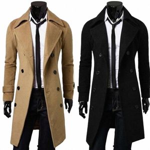 Einfache Trenchcoat Zweireiher Männliche Männer Mantel Coldproof Reine Farbe Jacke K5yE #