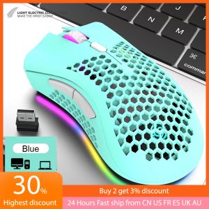 Mice 7 Buttons USB Wireless RGB Mouse Rechargeable 3 Gears 1600 DPI Adjustable Hollow Honeycomb Gamer Mice Blue/Pink/Black/White
