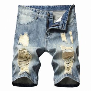 Shorts jeans rasgados masculinos Fi Trend Cuffed Patch Denim Shorts Clássico Retro All-Match Shorts retos com bolsos R1e5 #