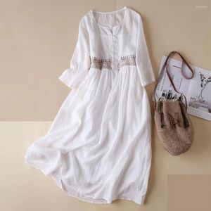 Casual Dresses Summer Retro Ethnic Style Embroidery Print Midi Dress O-neck Long Sleeve Buttons Half Placket A-Line Mid-calf Length Dres