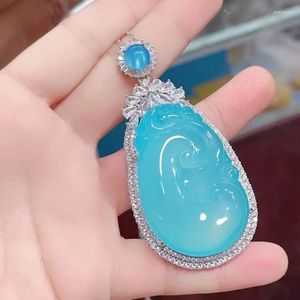 Hänghalsband silverpläterade inlagda blå chalcedony stor Ruyi himmel agate kvinnors jade tröja kedja live sändningsförsörjning