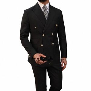 FI Black Suits Mens Double Breasted Busin Blazer Hombre Slim Fit Wedding Groom Tuxedo 2 Piece Costume Homme Jacket Pants D1IV#