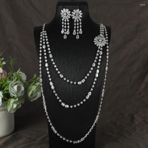 Collana Orecchini Set di lusso geometrico fiore nappa cerchio zircone cubico fidanzamento Dubai Naija nuziale tre strati orecchino gioielli S516