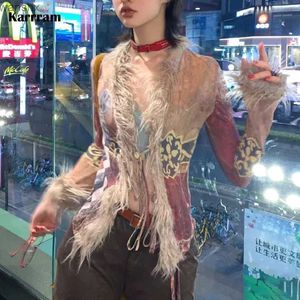 女性のブラウスシャツKarram Grunge Fringe Shirt Y2K Aesthetic Mesh Top Japanyainguku Blouses Cottagecore Printed不規則なシャツ2000年代Retol240328