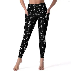 Women's Leggings White Music Notes Sexy Note Worthy Print High Waist Yoga Pants Casual Stretch Leggins Women Graphic Gym Sports Tights