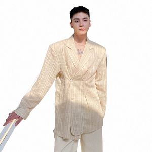 vintage Ruffle Suit Jacket Men's Fi Striped Blazer Tops Korean Butt Casual Coat Lg Sleeve Trajes De Hombre X1Vx#