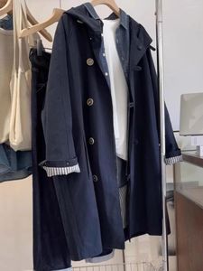 Trench da donna SuperAen Primavera Autunno 2024 Cappotto con cappuccio blu scuro Casual