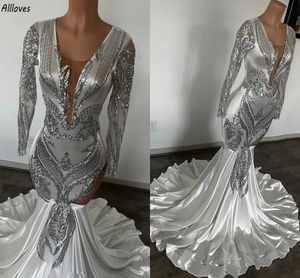 Silver sequined spets sjöjungfru aftonklänningar aso ebi långa ärmar v halskvinnor formella festklänningar smala och flare plus size andra mottagning prom klänning vestidos cl3421