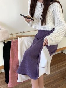 Skirts Solid Corduroy Pink A-Line Women Korean Elastic High Waist Midi Skirt Woman 2024 Autumn Winter Vintage Warm Long
