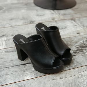 Mulheres sexy bonito salto alto mules preto dedo do pé aberto plataforma senhoras sola de couro chinelos femal deslizamento em sandálias sapatos 240318