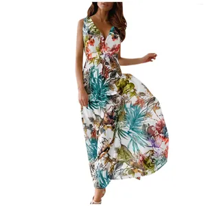 Lässige Kleider Damen-Sommerkleid, hawaiianischer Resort-Stil, bedruckt, Tank-Top, elastische Taille, V-Ausschnitt, Pullover mit fließendem Schwung