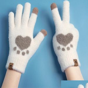 Mantens Women Cartoon Cat Claw Gloves Girls Thicked P Lovely Style Fingers Winter Warm Touch TouchSn Sticked Drop Delivery Fashion A Dhua9