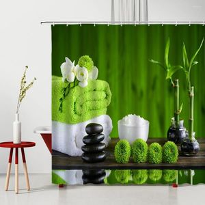 Duschgardiner spa tema gardin zen sten blomma ljus grön bambu lämnar tvättbar badrumsdekor med krok orkidébad