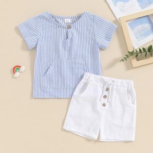 Conjuntos de roupas infantil criança bebê menino verão roupa listrada manga curta camiseta top e shorts sólidos roupas 2 peças conjunto