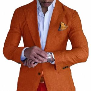 Laranja Men's Linho Summer Beach Jacket Ternos Slim Fit Ternos Para Homens Smoking Ternos Do Noivo Para Homens Casamento Groomsman 2-Piece Set I0zc #