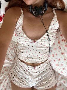 Women Y2k Cute Pajama Short Set Lace Trim Flower Print Sleeveless Vneck Camisole with Shorts Sleepwear Loungewear 2000s Clothes 240323