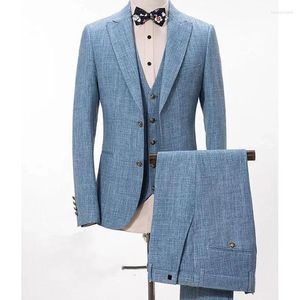 Mäns kostymer 2024 Sky Blue Linen Mens For Wedding Male Prom Tuxedos Slim Fit Man Groom Jacket 3 Piece Suit Costume Homme Pour Mariage