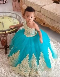 One Shoulder Ball Gown Flower Girls' Dresses Gold Lace Applique Beaded Crystal Floor Length Turquoise 2024 Birthday Pageant Party Wear