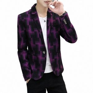 coco 2023 Men's Plaid Printed Handsome Slim-Fitting Suit Youth Fi All-Matching Floral blazer d4Ul#