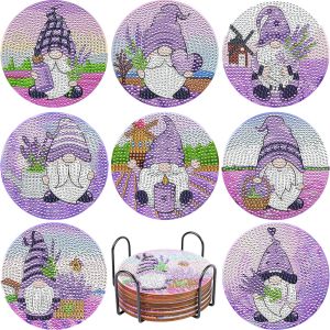 Stitch 8PCS Lavender Gnomes Diamond Painting Coaster DIY Wooden Drink Cup Cushion Diamond Embroidery Art Kit Home Decor Perfect Gift