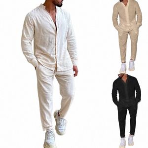 Mensuppsättningar LINEN SPRING Autumn Leisure Suit LG Sleeve Shirts and Byxor Two Piece Set Fi Men Clothing Wholesale N9es#