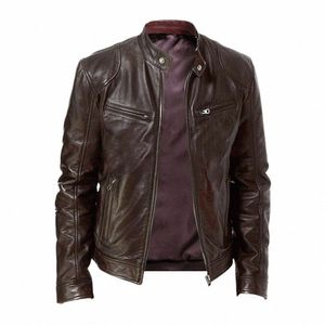 2023 primavera masculino gola de couro fino jaqueta marrom preto zíper bolso decorativo pu casaco motociclista roupas masculinas casuais m24p #