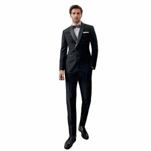 Fi Siyah Erkek Takım İnce Fit Düğün Damat Smokin Çifte Bravatalı Prom Blazer 2 Parça Set En İyi Adam Ceket Pantolon Kostüm Homme X6FR#