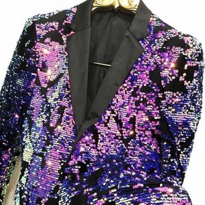 nuovo vestito di paillettes viola blazer a testa singola uomo paillettes di lusso palco cantante giacche smoking sociale costume homme streetwear Y7vU #