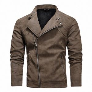 men's Motorcycle Leather Jacket Fleece Fi Stand Collar Slim Fit Zipper Trends Coat Autumn Winter Warm Faux Leather Outwear A53h#