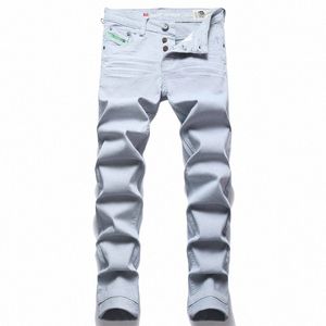 Homens de cor sólida Fi Slim Stretch Jeans High Street Casual Streetwear Outono Hip Hop Mid-Waisted Calças j5iB #