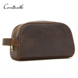 Contact's bolsa cosmética pequena para homens, bolsa de couro crazy horse vintage, bolsa de viagem preta, portátil, maquiagem, sacos de lavagem m263t