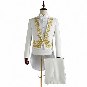 jacket+pants 2 Piece Wedding Suit White Embroidery Tailcoat Set Singer Host Swallowtail Costumes Magician Chorus Stage Suits O0aQ#