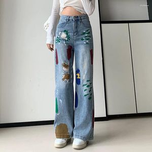 Kvinnors jeans målade rippade kvinnor blå hög midja rak ben lösa breda denim byxor koreanska streetwear hål casual baggy byxor