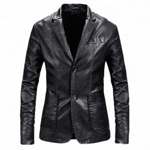 2024 frühling Herbst Fi Neue männer Revers Leder Dr Anzug Mantel/Männlichen Busin Casual Pu Blazer Jacke a071 #