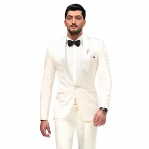 Terno masculino branco bonito Slim Fit Blazer Define para Busin Xale Lapela Smoking 2 Peças Jaqueta e Calças Casamento Noivo Desgaste C3Ml #