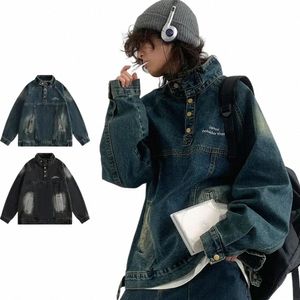 Vintage Street Denim Moletom Homens Mulheres Distred Gola Alta Solta Jaqueta Jeans HipHop Casual Pulôver Denim Casaco Carga Unissex E9bp #