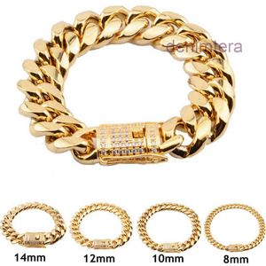 8mm/10mm/12mm/14mm/16mm/18mm Mens 18k Gold Plated Stainless Steel Bracelets High Polished Miami Cuban Link Punk Curb Cz Bracelet