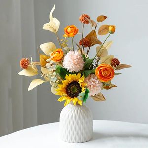 Decorative Flowers Artificial Flower Bouquet White Vase Set Home Decoration Event Party Art DIY Friend Gift
