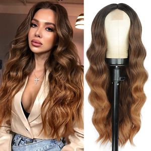 Highlight-Perücke, Echthaar, 66 cm, gewellt, Spitze vorne, Ombre-Perücke, brasilianisches Braun, Honigblond, synthetische Perücken für Frauen, schneller Versand