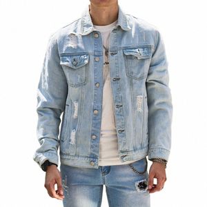 fi Streetwear Men Ripped Slim Denim Jacket Male High quality Distred Casual Jean Jacket Coat i616#