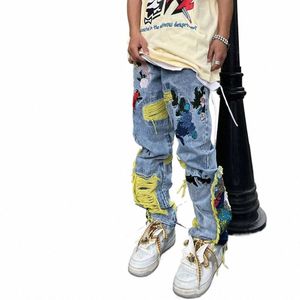 chinese Painting Embroidered Patch Denim Ripped Jeans for Men Streetwear Wed Destroyed Pleated Straight Jean Male Tassels u8p7#