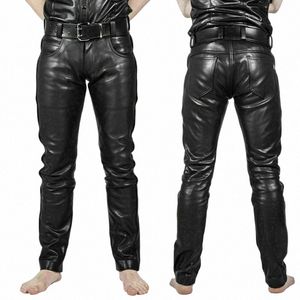 Mens Faux Leather Pants Pu Material Black Slim Fit Motorcykelläderbyxor för manlig V4RW#