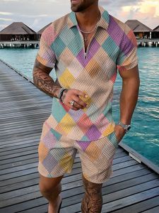 Летний модный мужской спортивный костюм с цветными заплатками и 3D принтом, повседневная рубашка-поло на молнии, шорты, комплекты из 2 предметов, спортивный костюм большого размера 240315