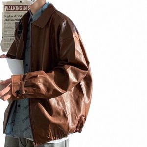 PU Giacca in pelle da uomo Marrone Giacca moto retrò Autunno coreano Fi Fried Street Giacca bomber con cerniera allentata Learher Cappotti D2Zw #