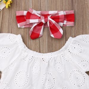 Kleidung Sets 3PCS Baby Mädchen Kalte Schulter Kurzarm Spitze Crops Top Plaid Röcke Bloomer Shorts Stirnband