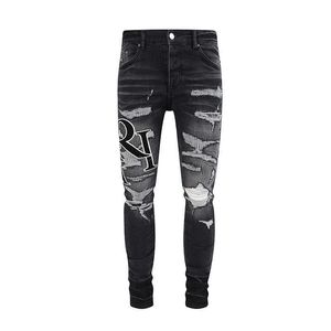 High Street Trendy Brand New AMR Black Perfiorated Dżinsy Męskie Splash Ink Graffiti Elastic Slim Fit Small Feet Pants